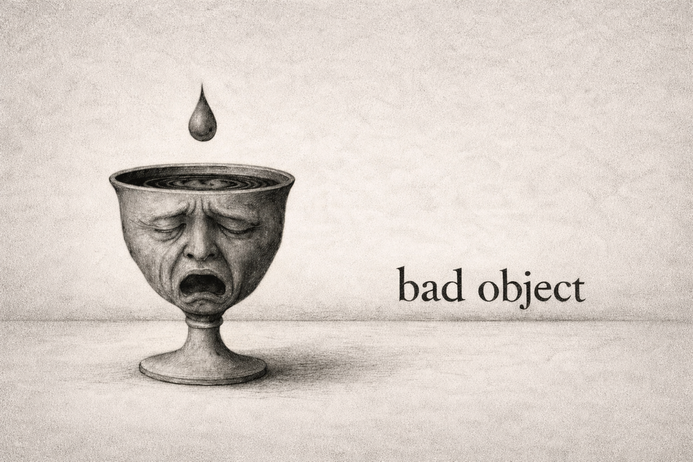 Original charcoal concept sketch: a face in a chalice, a hovering droplet and the bad object name.