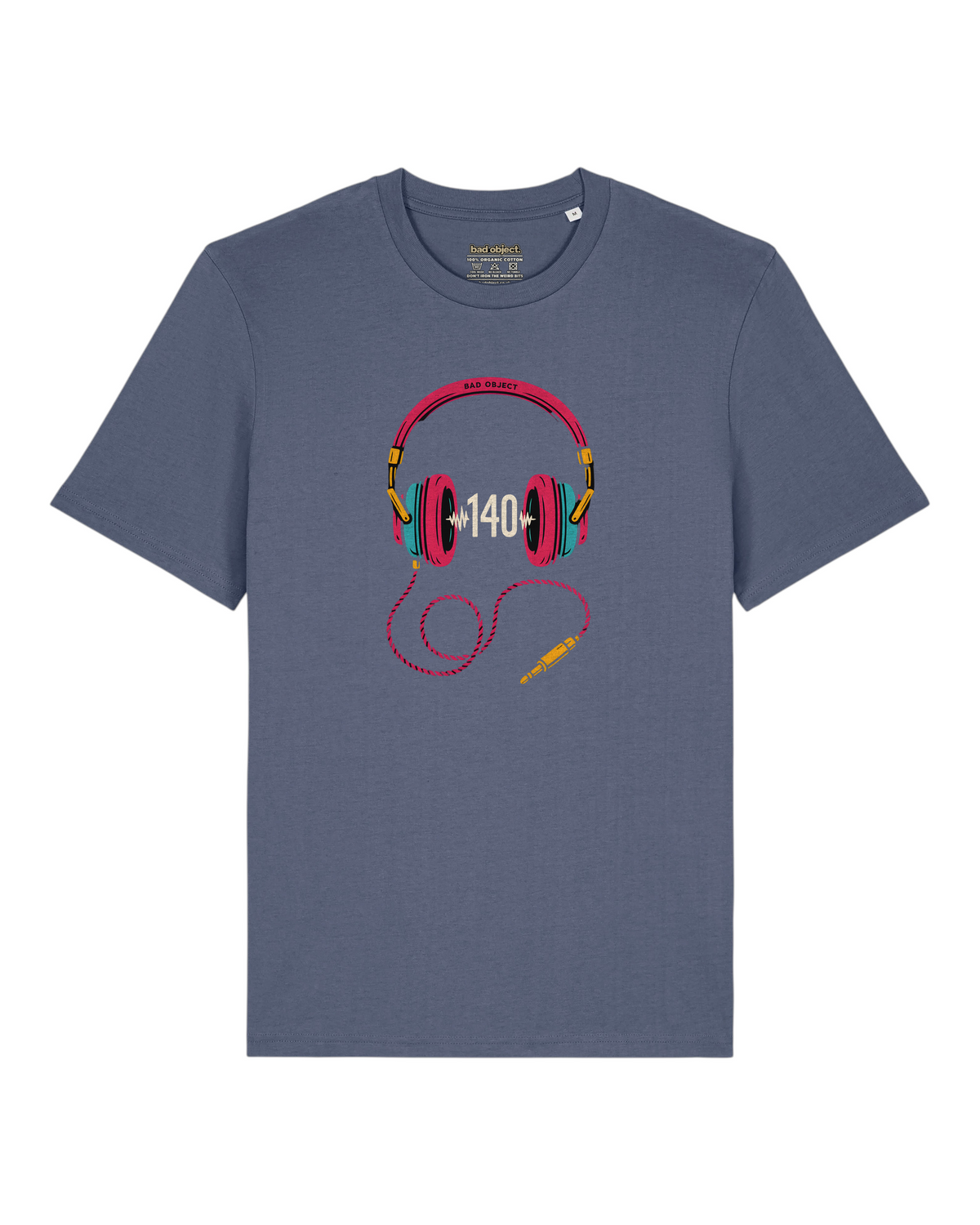 140 Headphones design on a Blue Grey organic cotton Classic T-shirt, full front view with printed inside-neck label