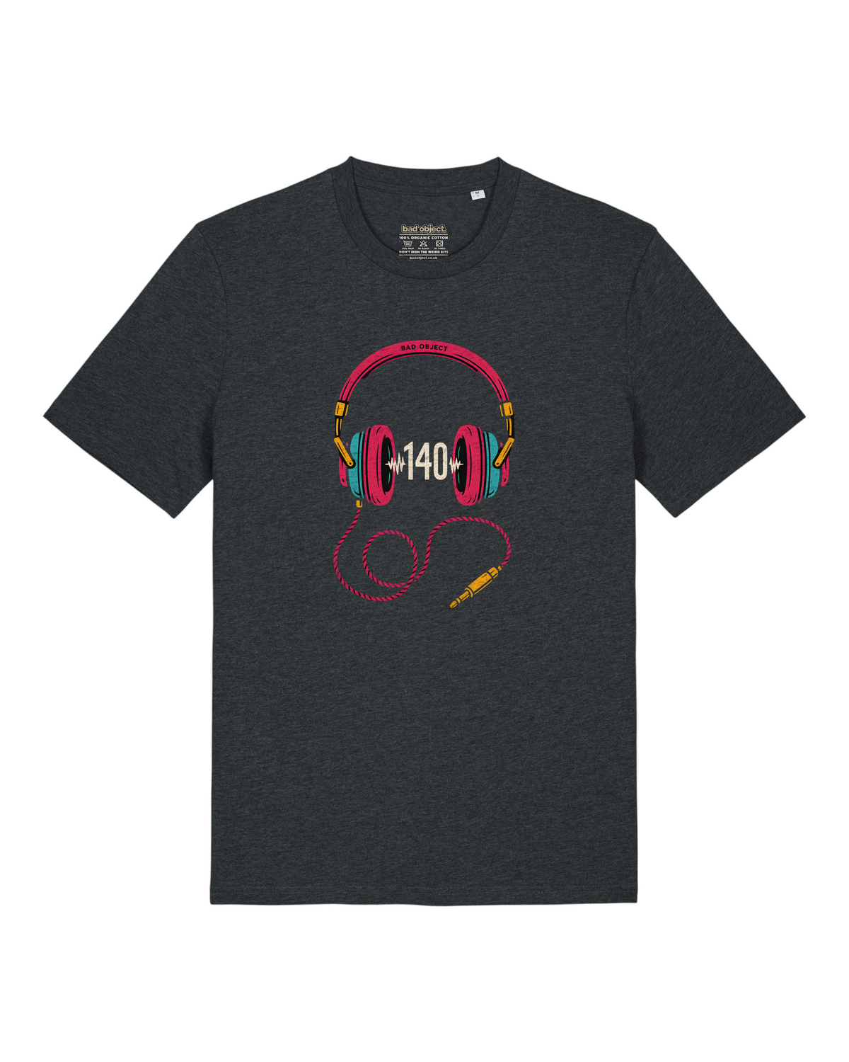 140 Headphones design on a Dark Heather Grey organic cotton Classic T-shirt, full front view with printed inside-neck label