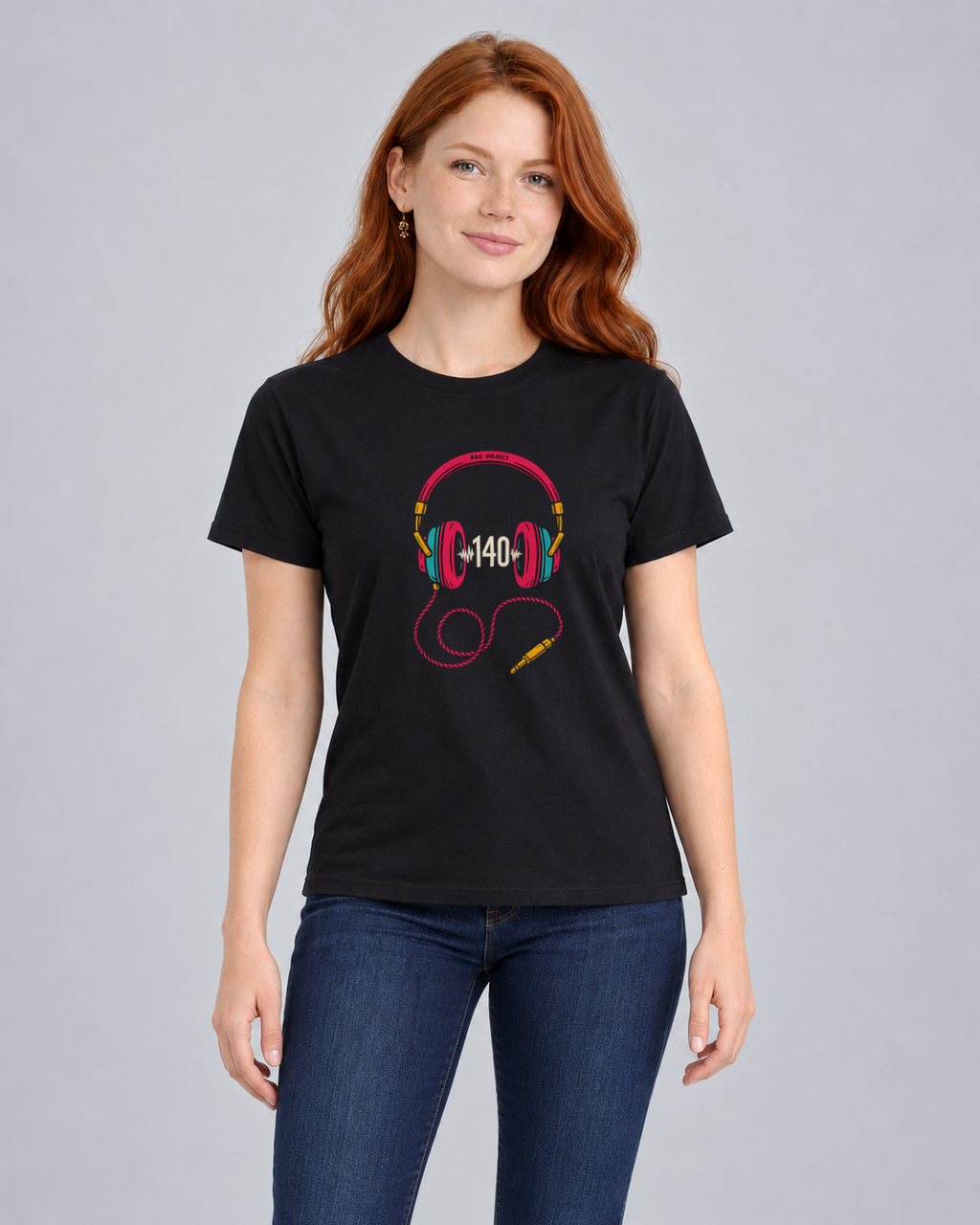 140 Headphones Black Classic T-shirt on a female model, front view
