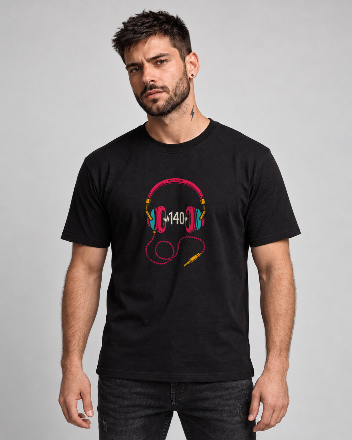 140 Headphones Black Classic T-shirt on a male model, front view