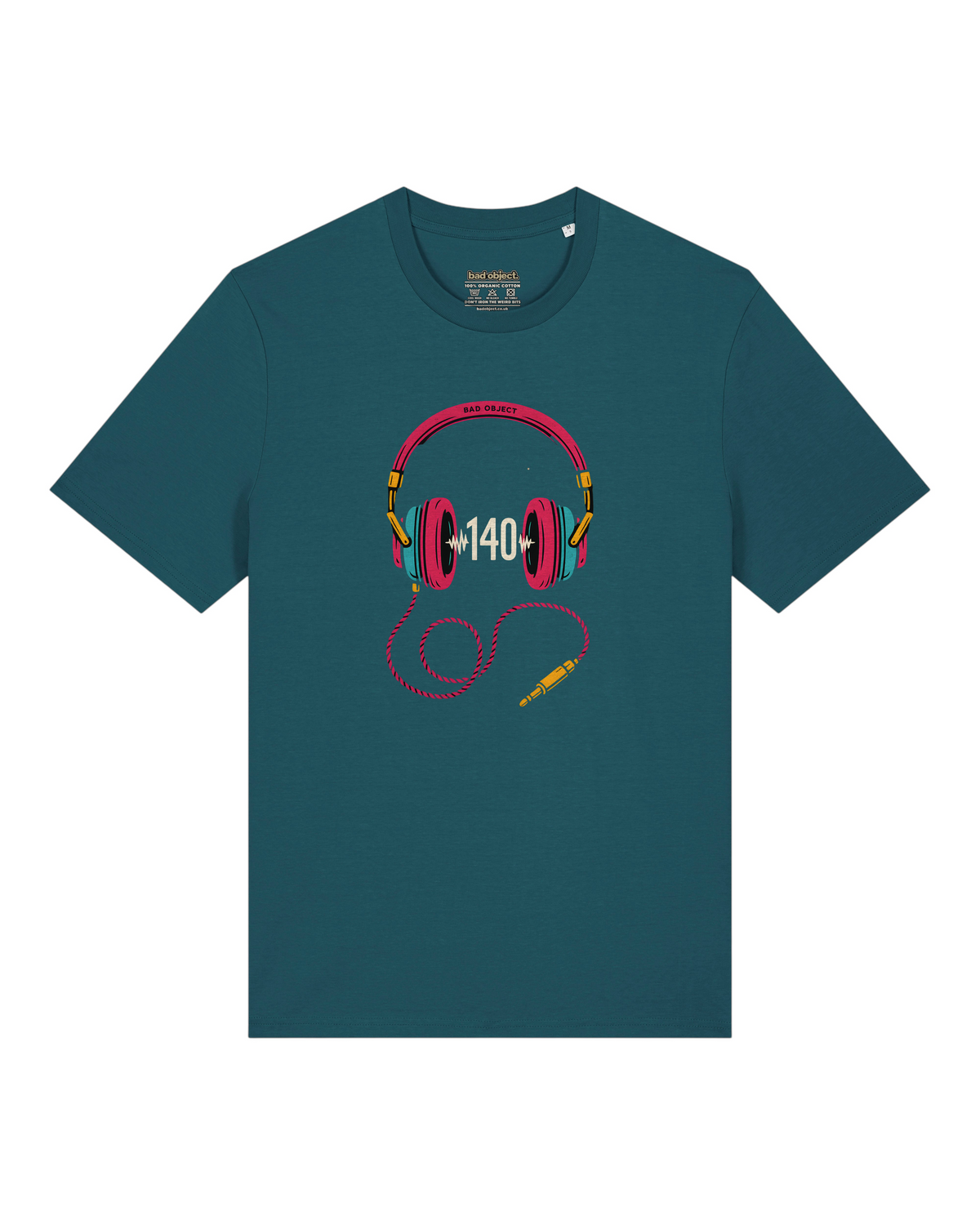 140 Headphones design on a Stargazer organic cotton Classic T-shirt, full front view with printed inside-neck label