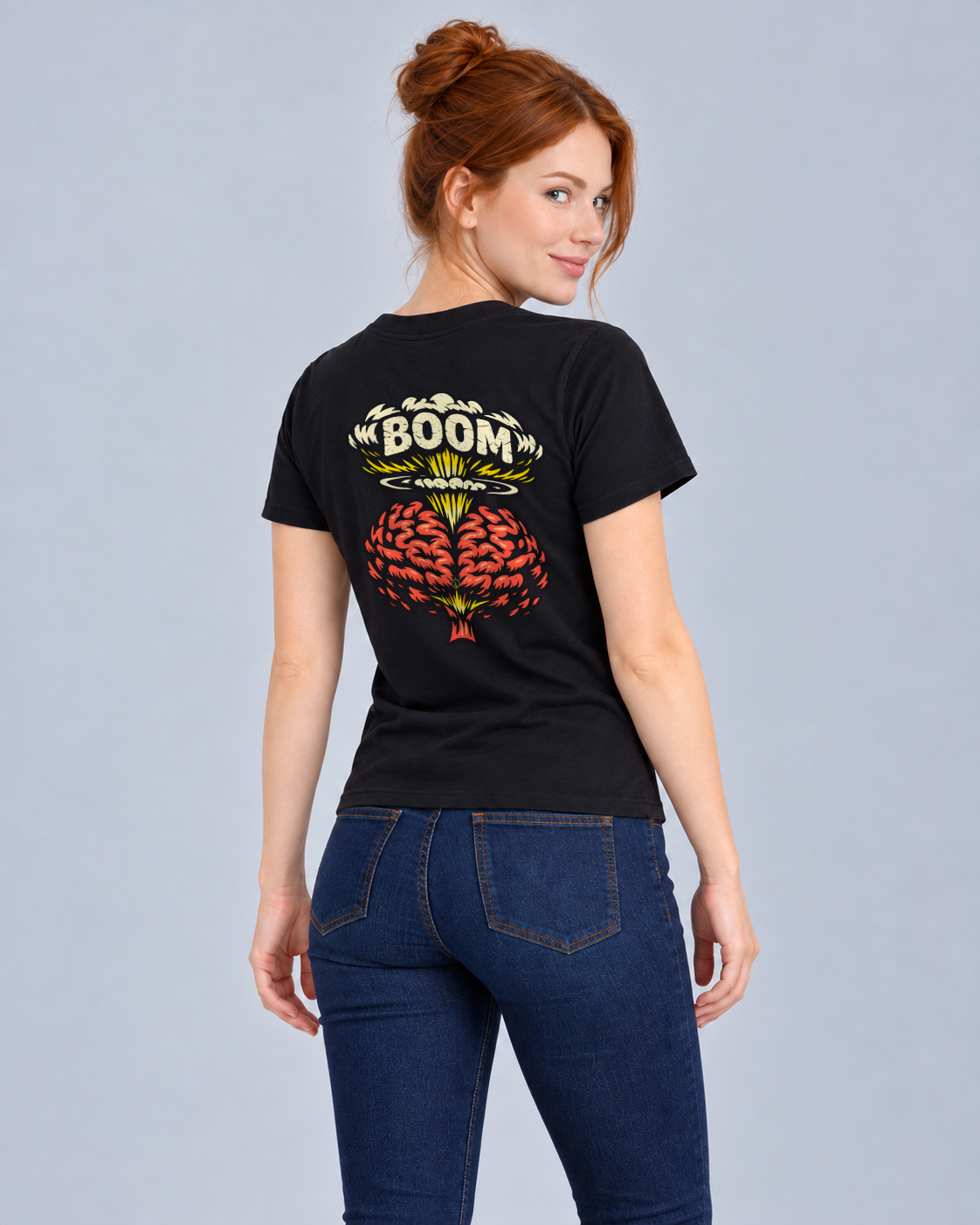 Boom Brain Black Classic T-shirt on a female model, Rear three-quarter view