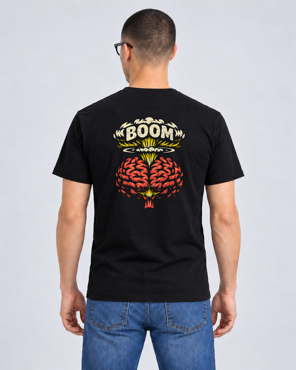 Boom Brain Black Classic T-shirt on a male model, Rear view