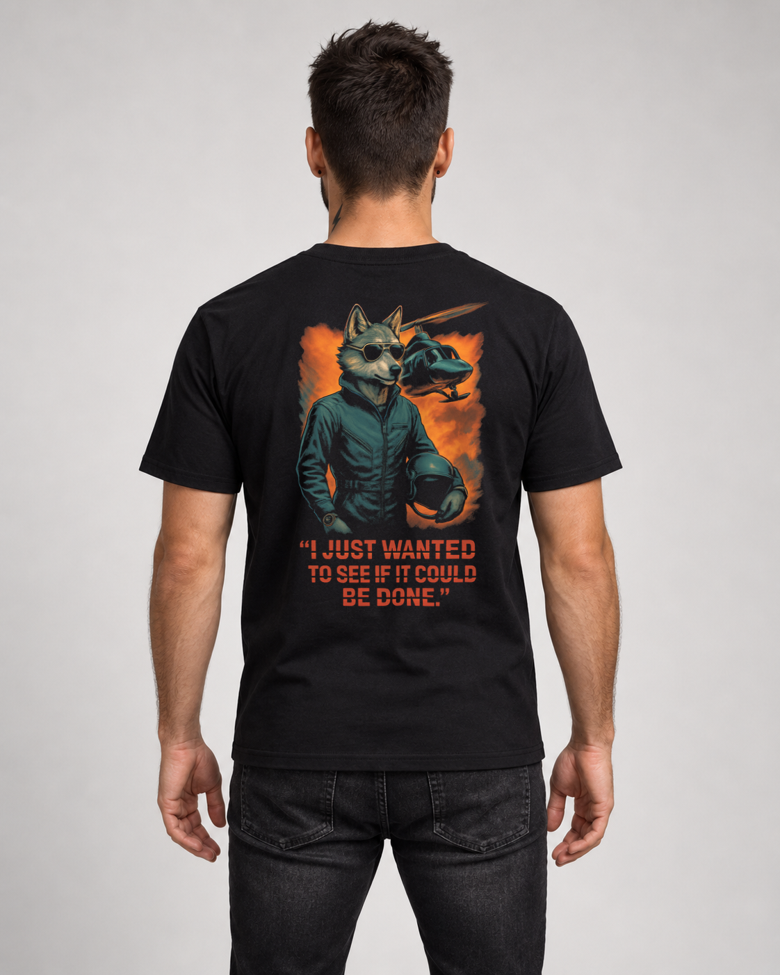 AirWolf Black Classic T-shirt on a male model, Rear view