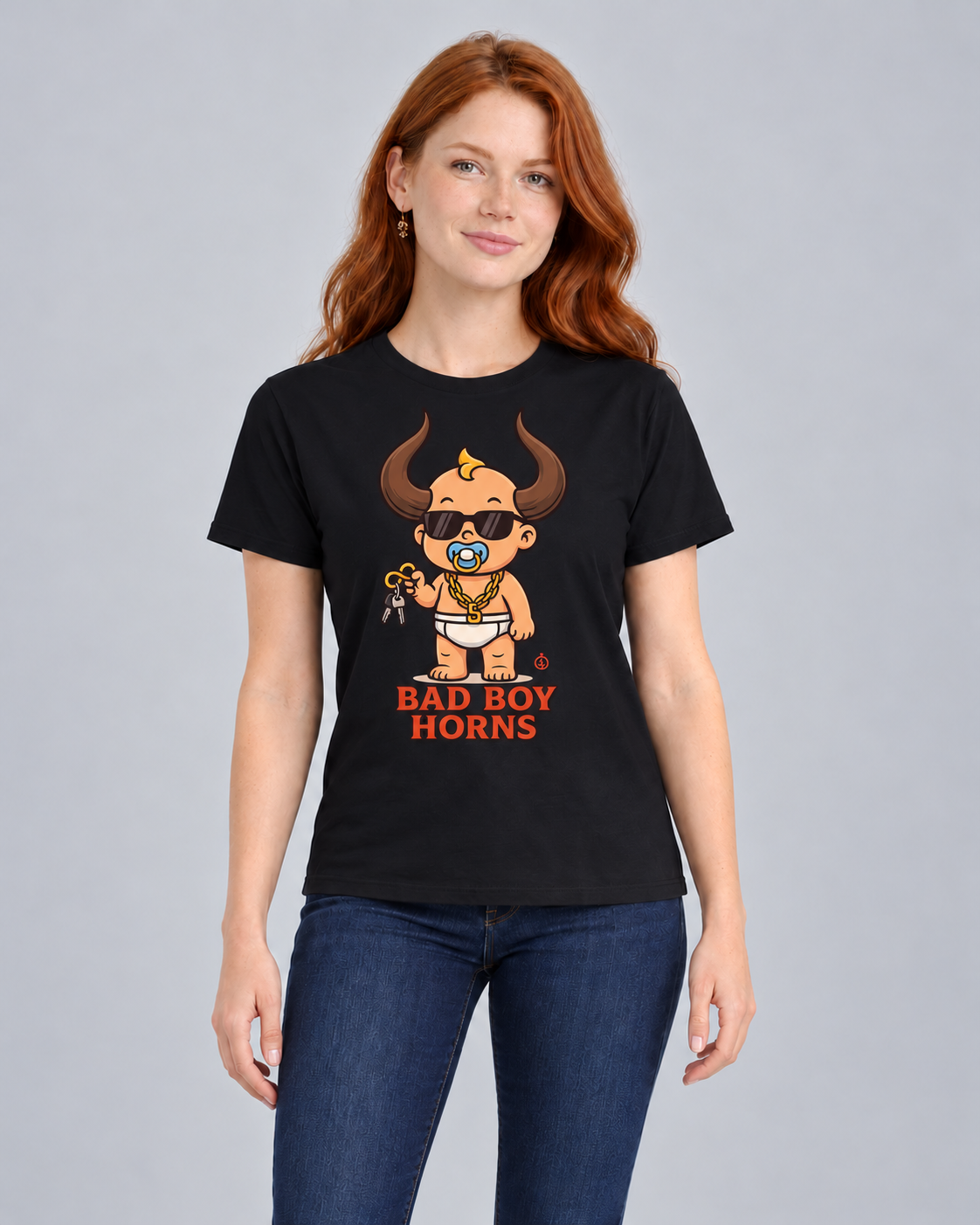 Bad Boy Horns Black Classic T-shirt on a female model, front view