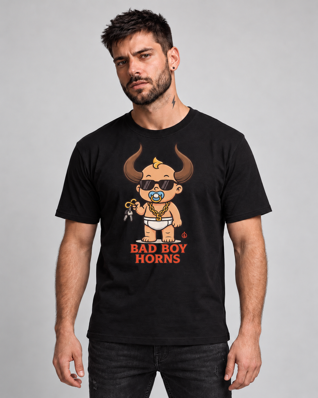 Bad Boy Horns Black Classic T-shirt on a male model, front view