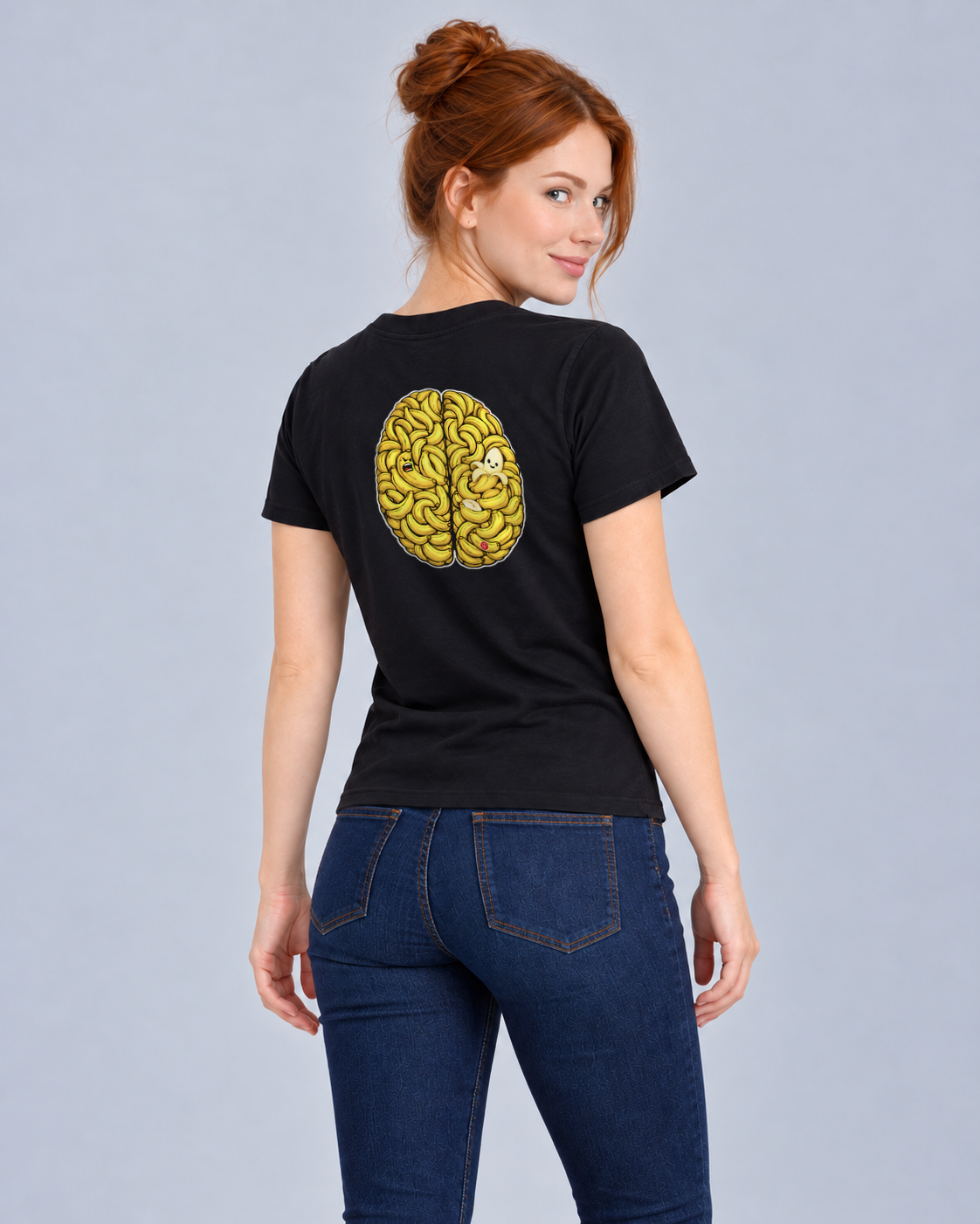 Banana Brain Black Classic T-shirt on a female model, Rear three-quarter view