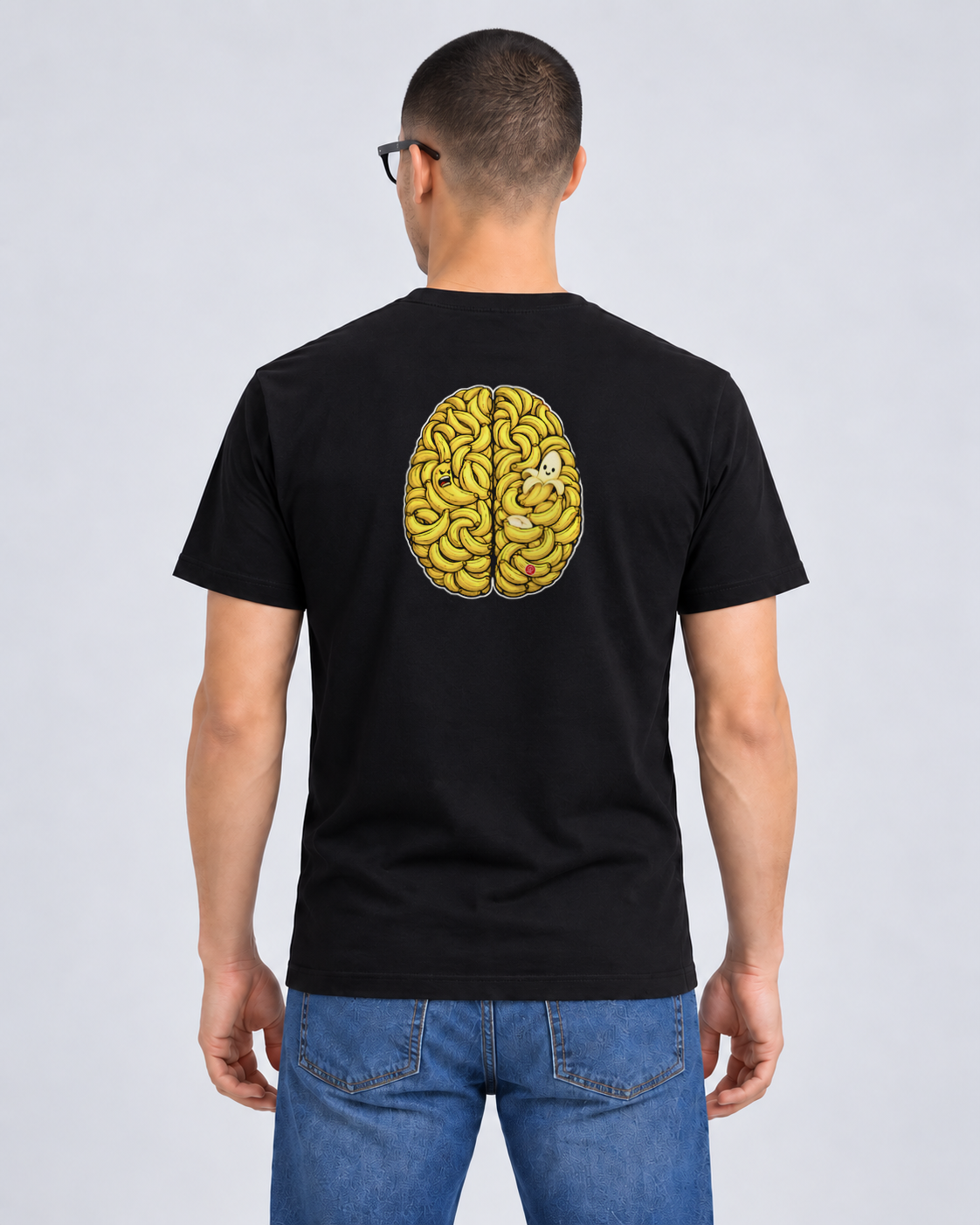 Banana Brain Black Classic T-shirt on a male model, Rear view