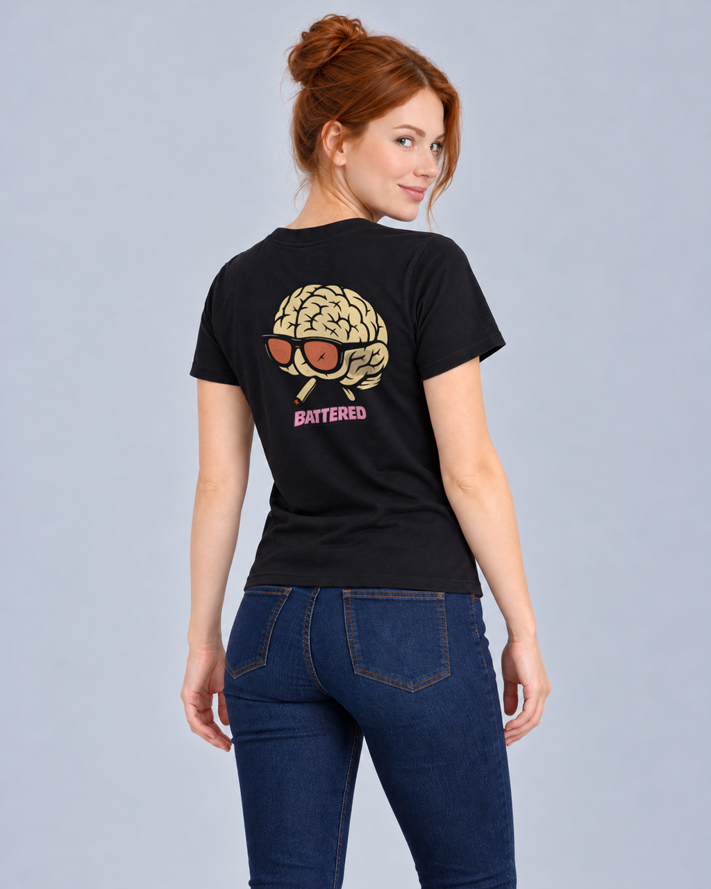 Battered Brain Black Classic T-shirt on a female model, Rear three-quarter view