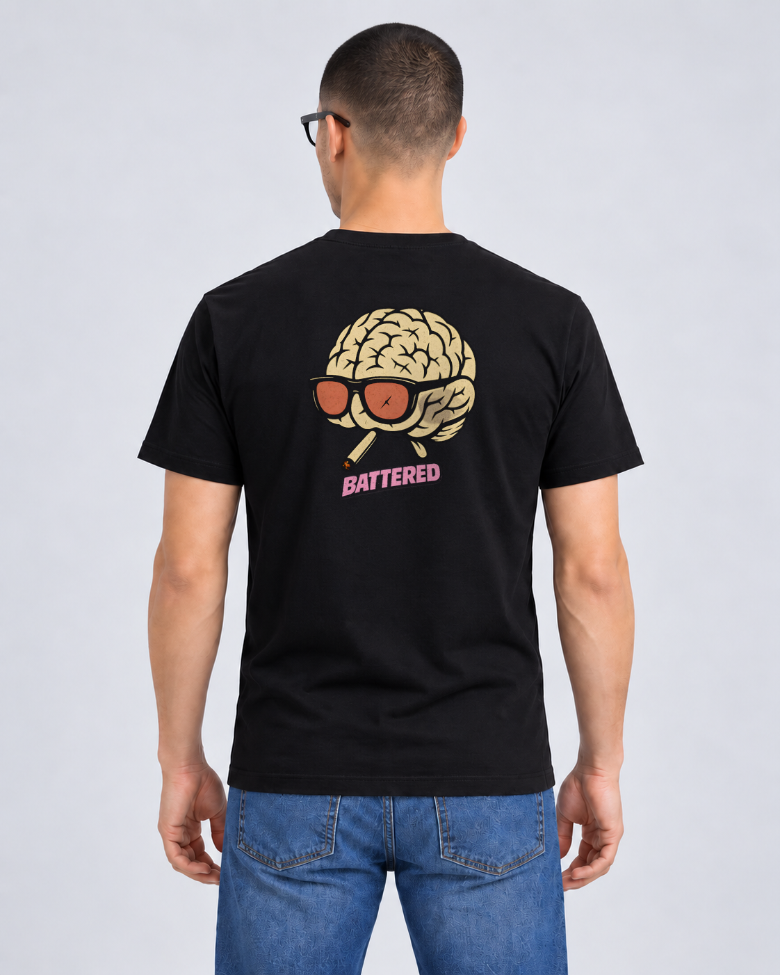 Battered Brain Black Classic T-shirt on a male model, Rear view