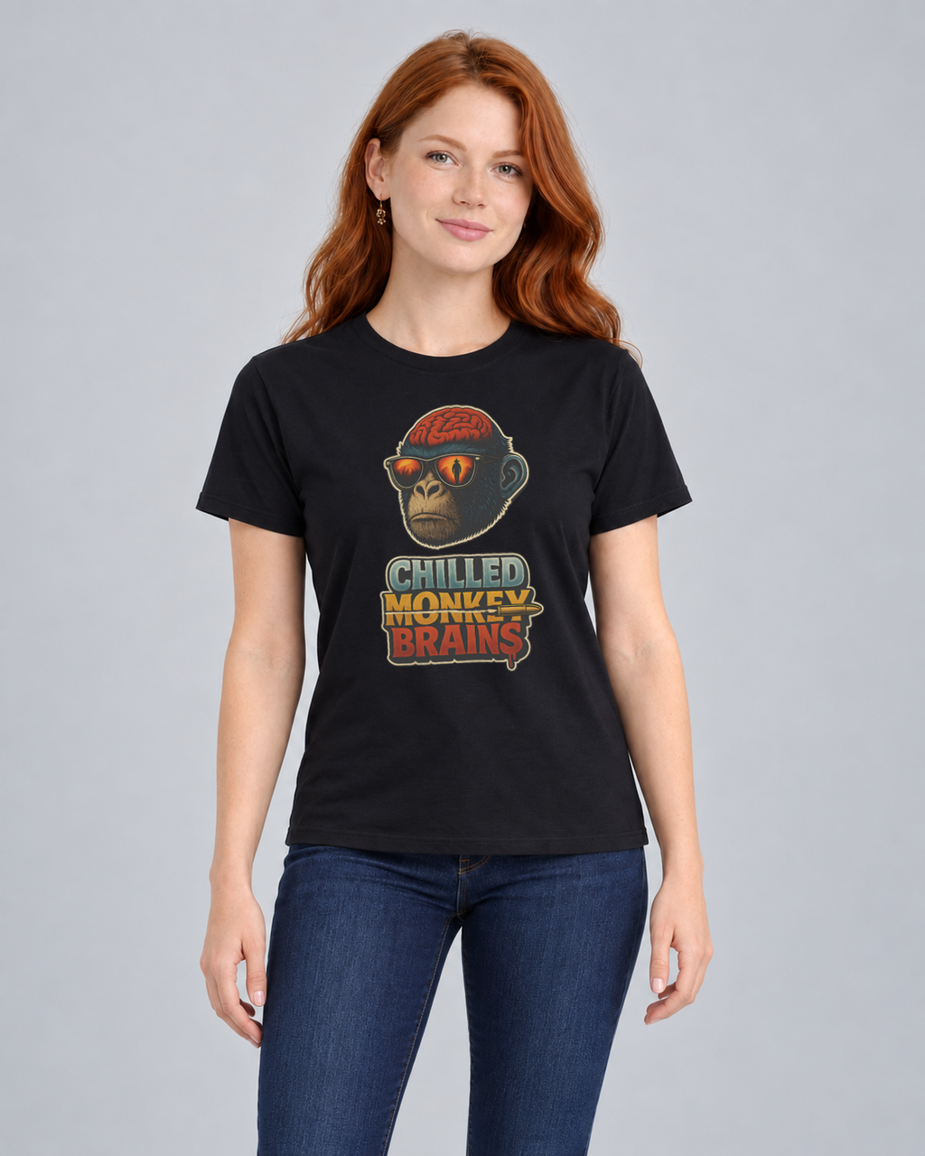 Chilled Monkey Brains Black Classic T-shirt on a female model, front view