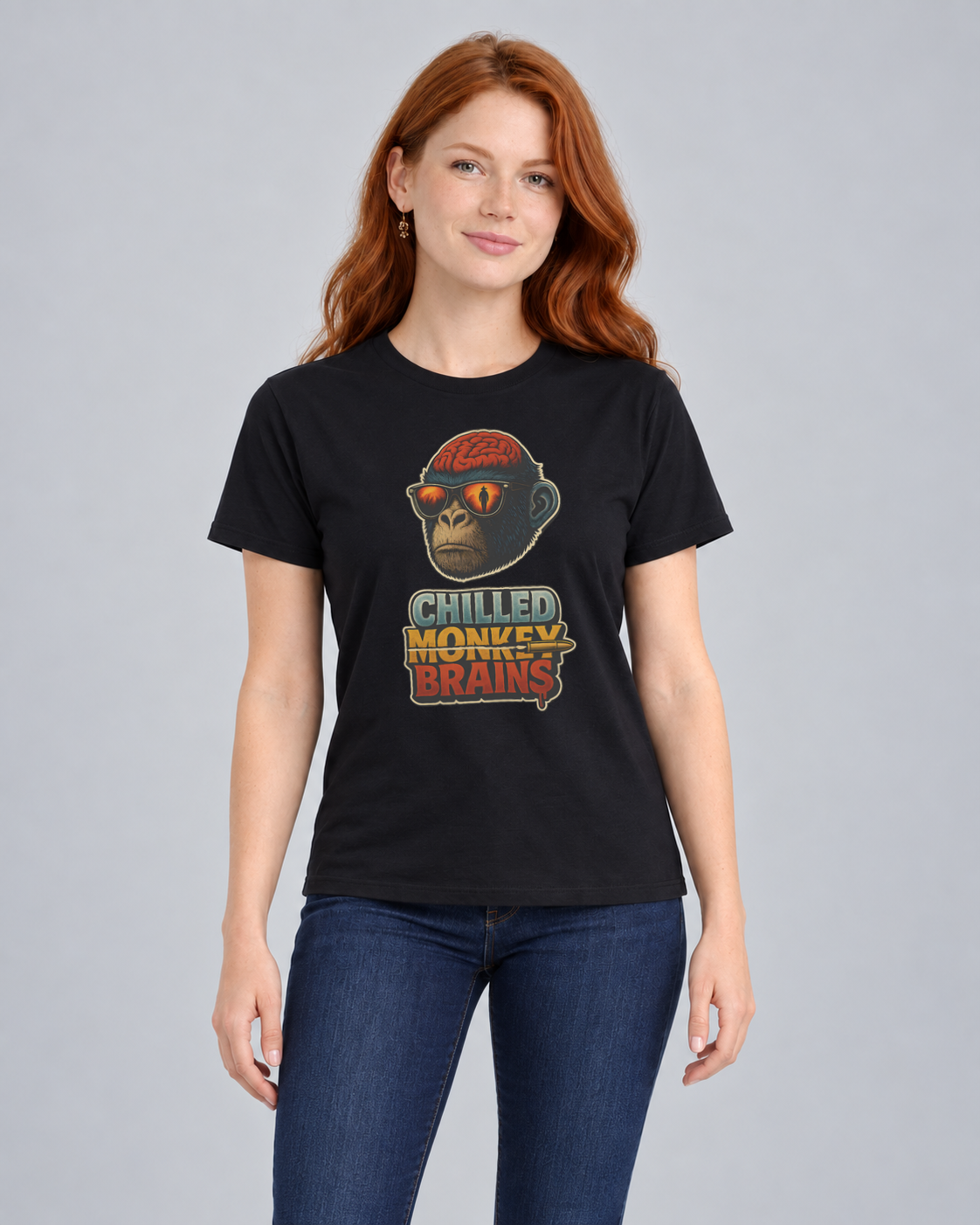 Chilled Monkey Brains Black Classic T-shirt on a female model, front view