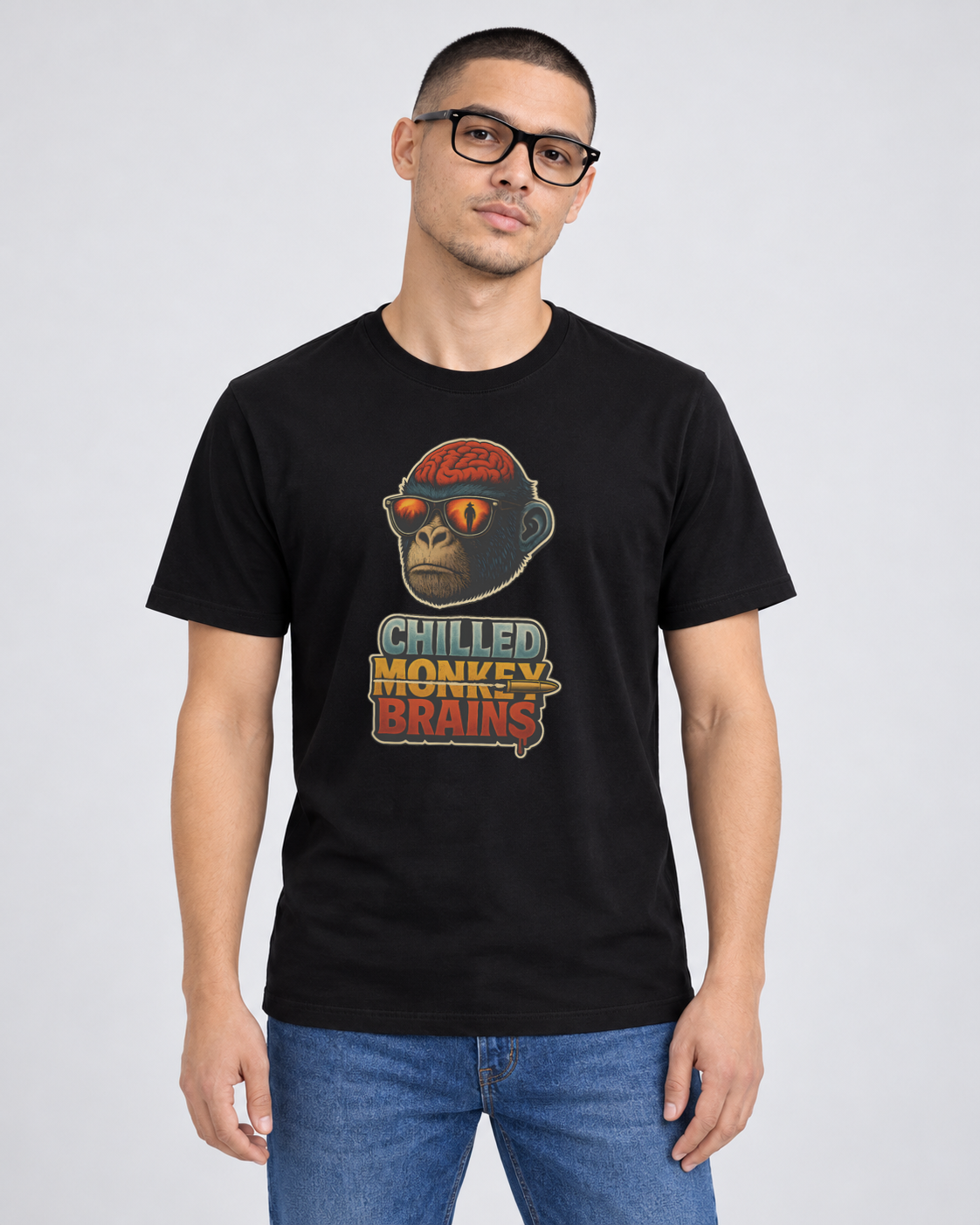 Chilled Monkey Brains Black Classic T-shirt on a male model, front view