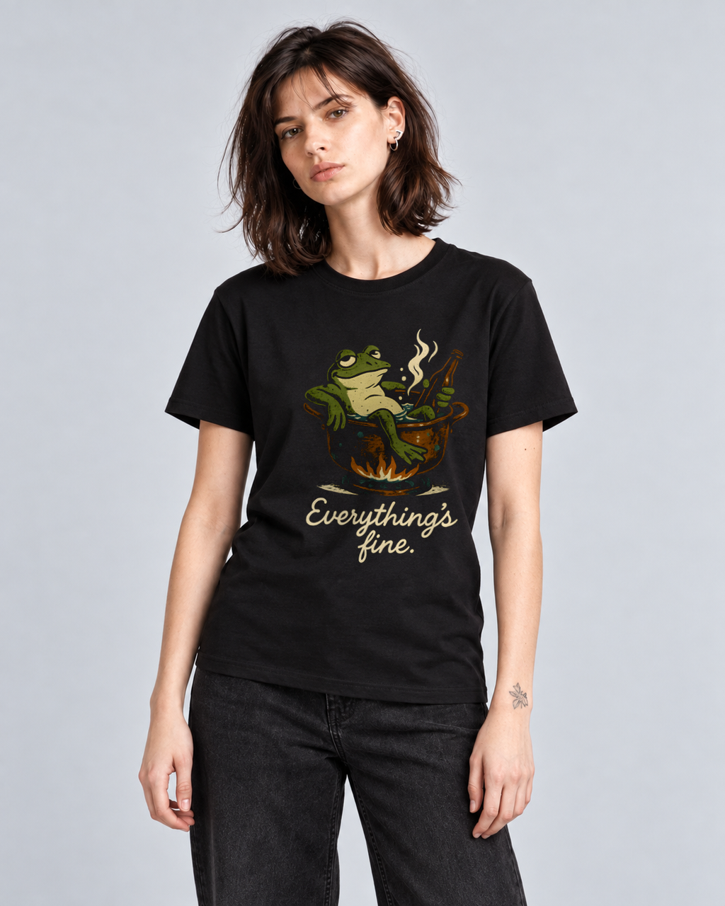 Everything Is Fine Black Classic T-shirt on a female model, front view