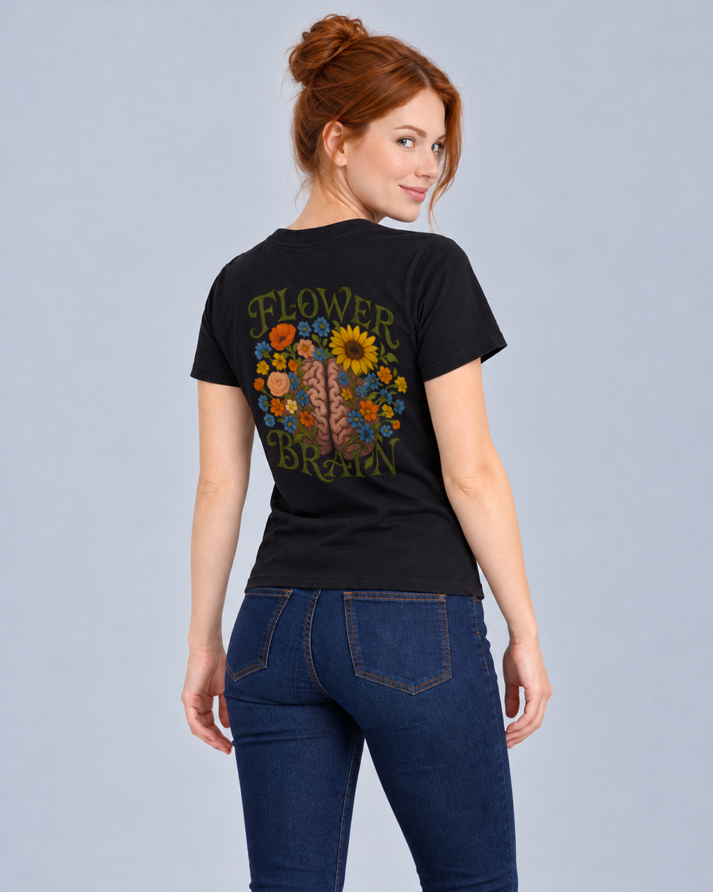 Flower Brain Black Classic T-shirt on a female model, Rear three-quarter view