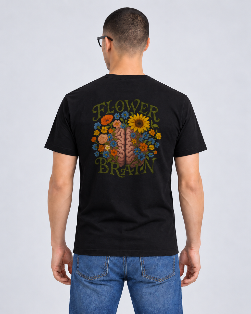 Flower Brain Black Classic T-shirt on a male model, Rear view