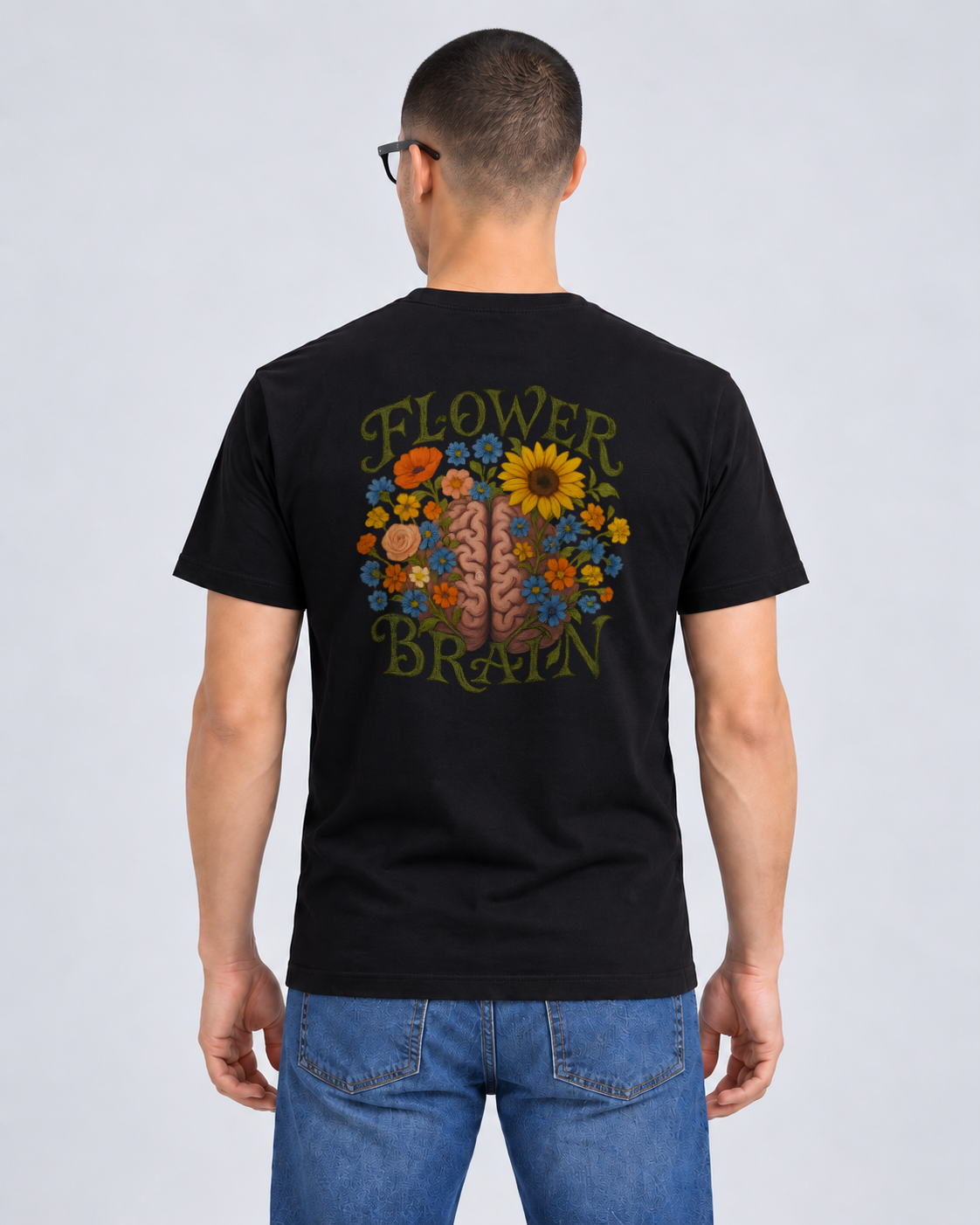 Flower Brain Black Classic T-shirt on a male model, Rear view