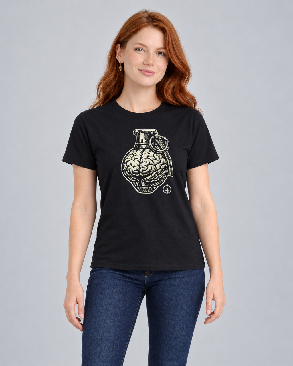 Grenade Brain Black Classic T-shirt on a female model, front view