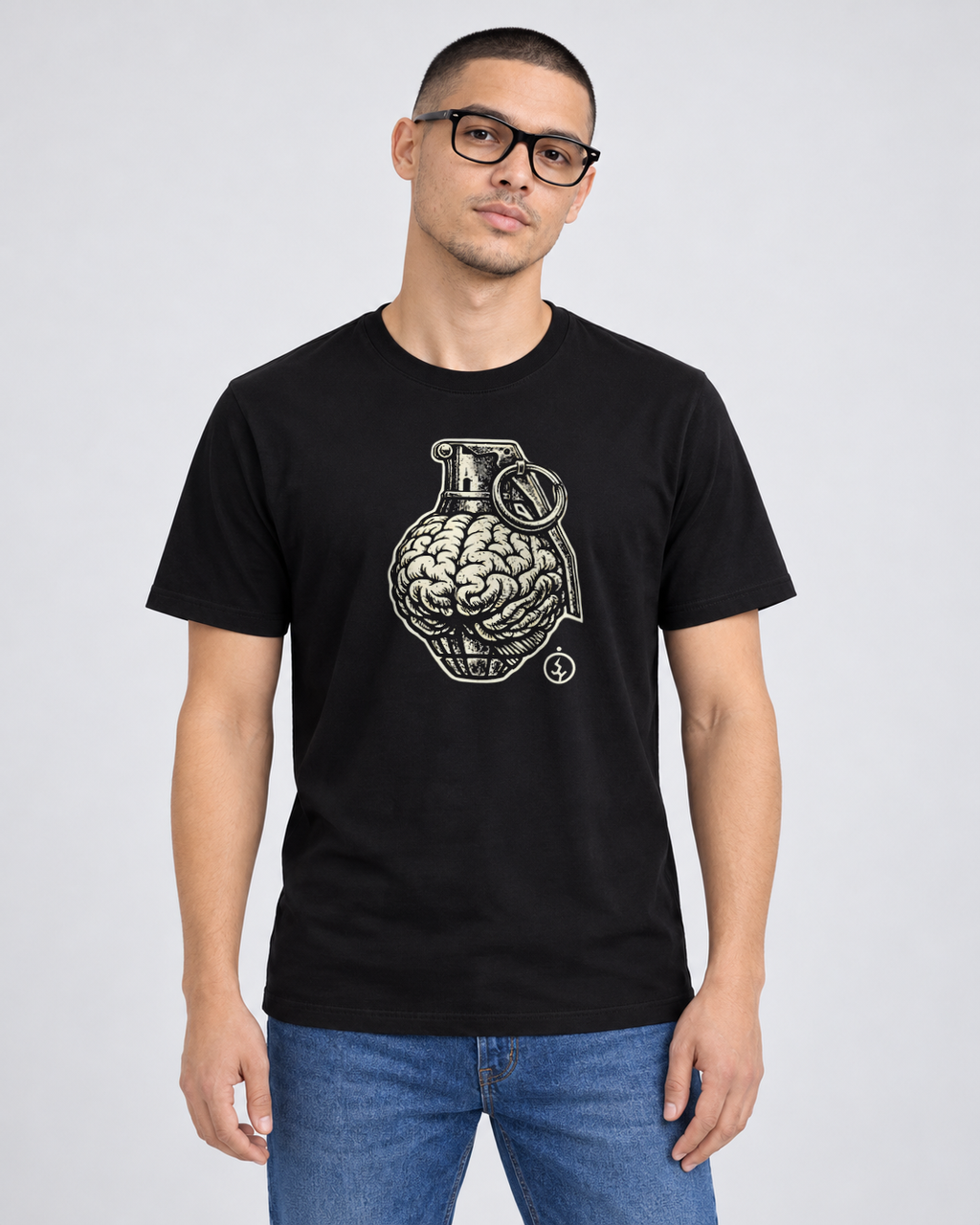Grenade Brain Black Classic T-shirt on a male model, front view