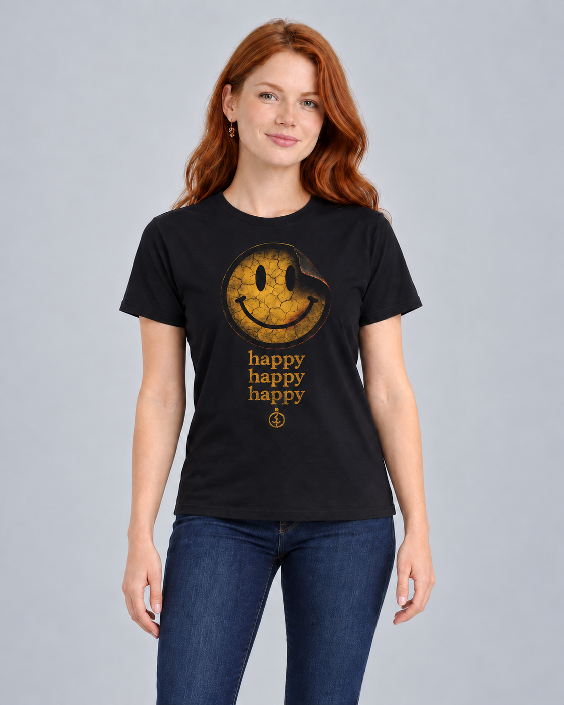 Happy Happy Happy Black Classic T-shirt on a female model, front view