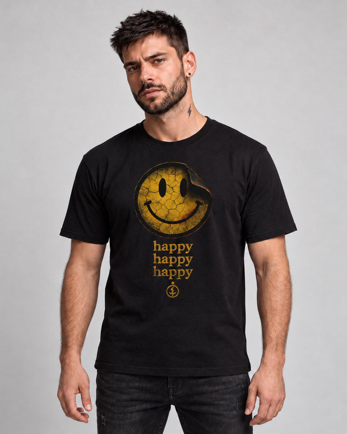 Happy Happy Happy Black Classic T-shirt on a male model, front view