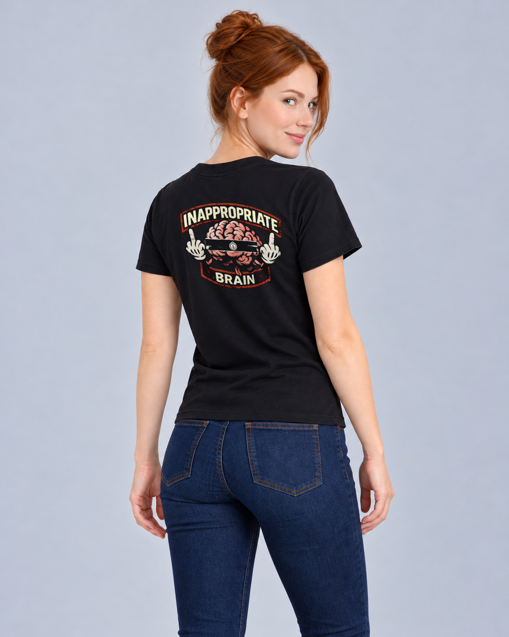 Inappropriate Brain Black Classic T-shirt on a female model, Rear three-quarter view