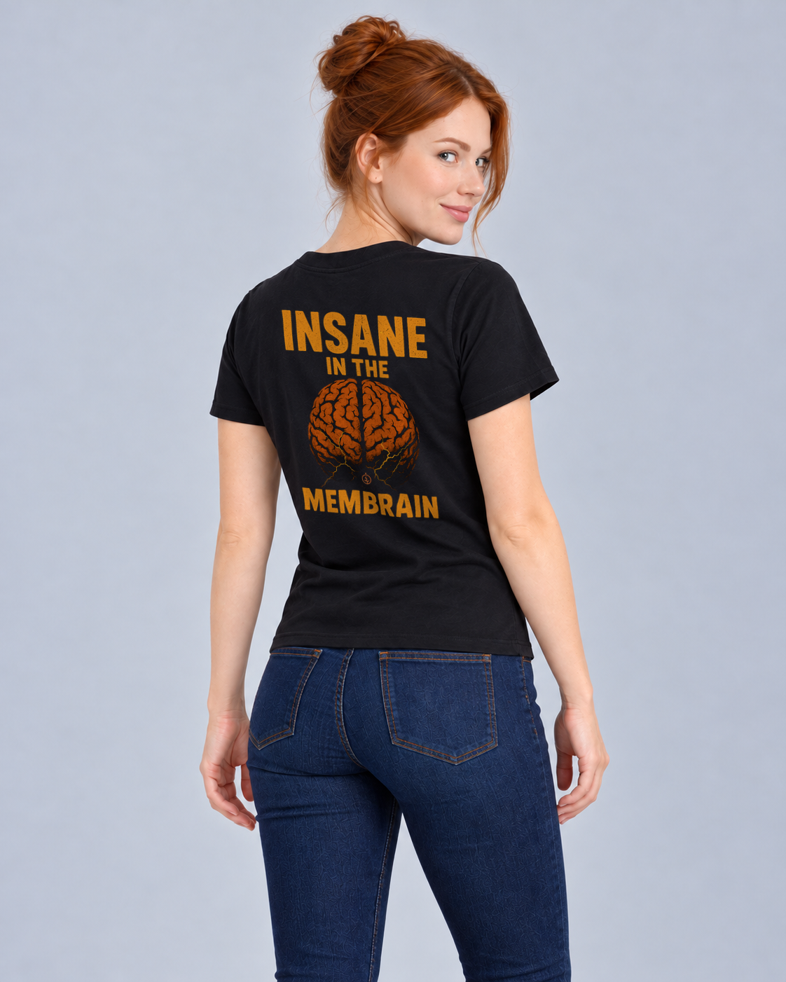 Insane in the Membrain Black Classic T-shirt on a female model, Rear three-quarter view