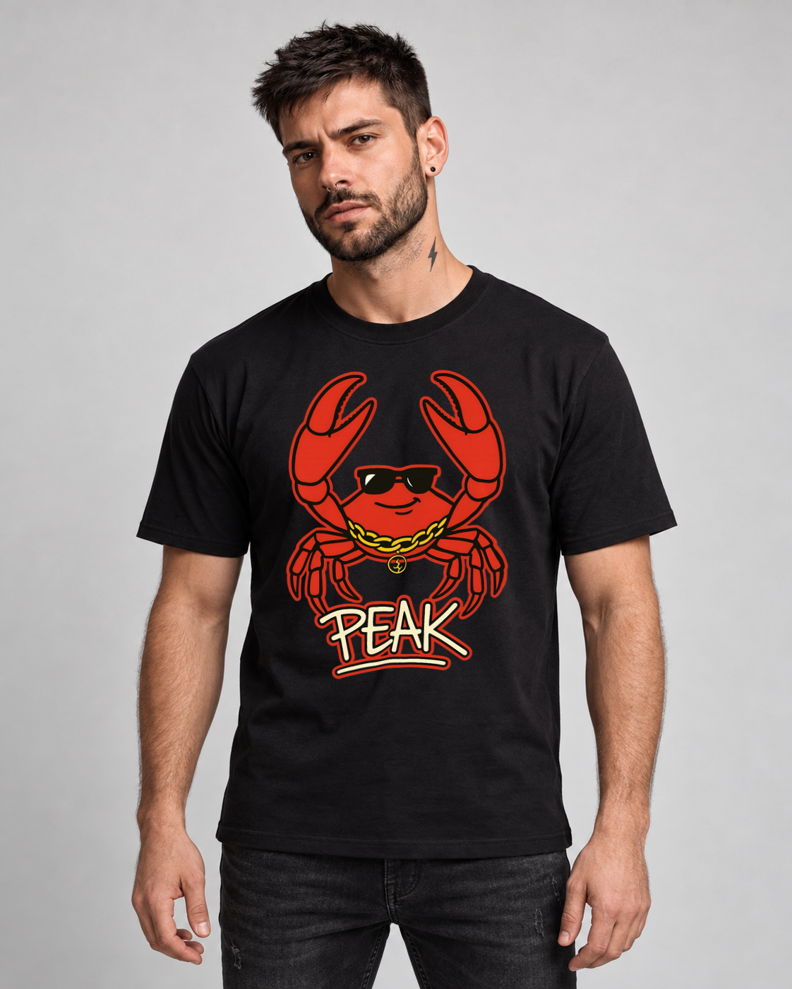 Peak Side Walker Black Classic T-shirt on a male model, front view