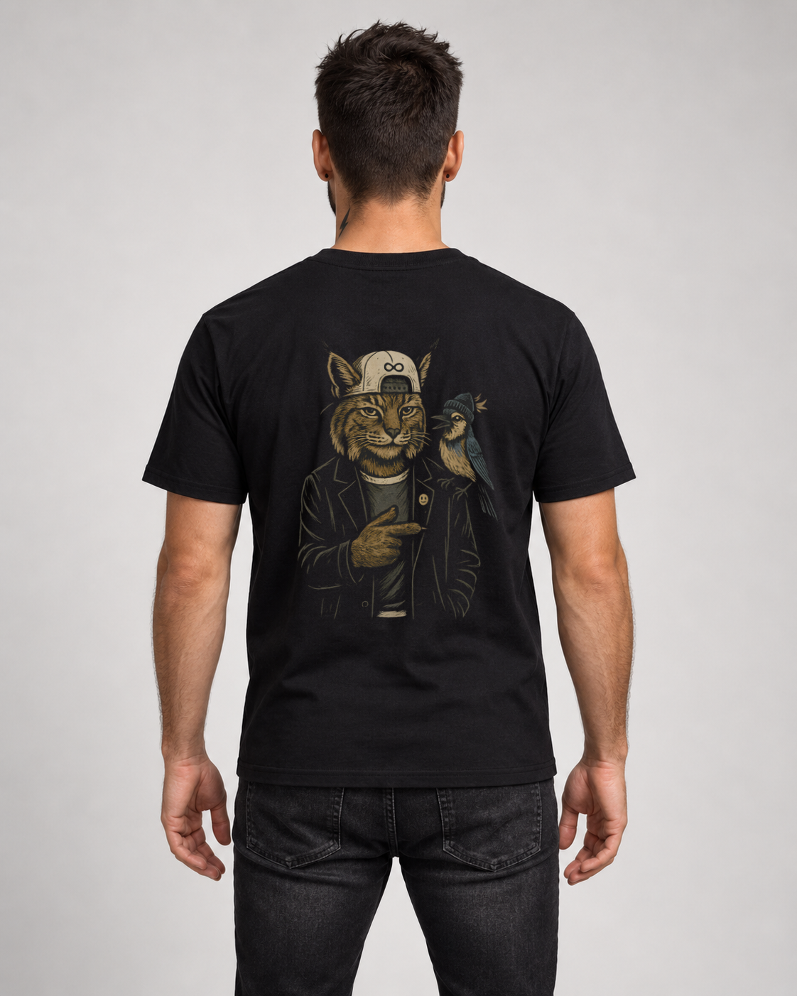 Silent Bobcat & Jay Black Classic T-shirt on a male model, Rear view