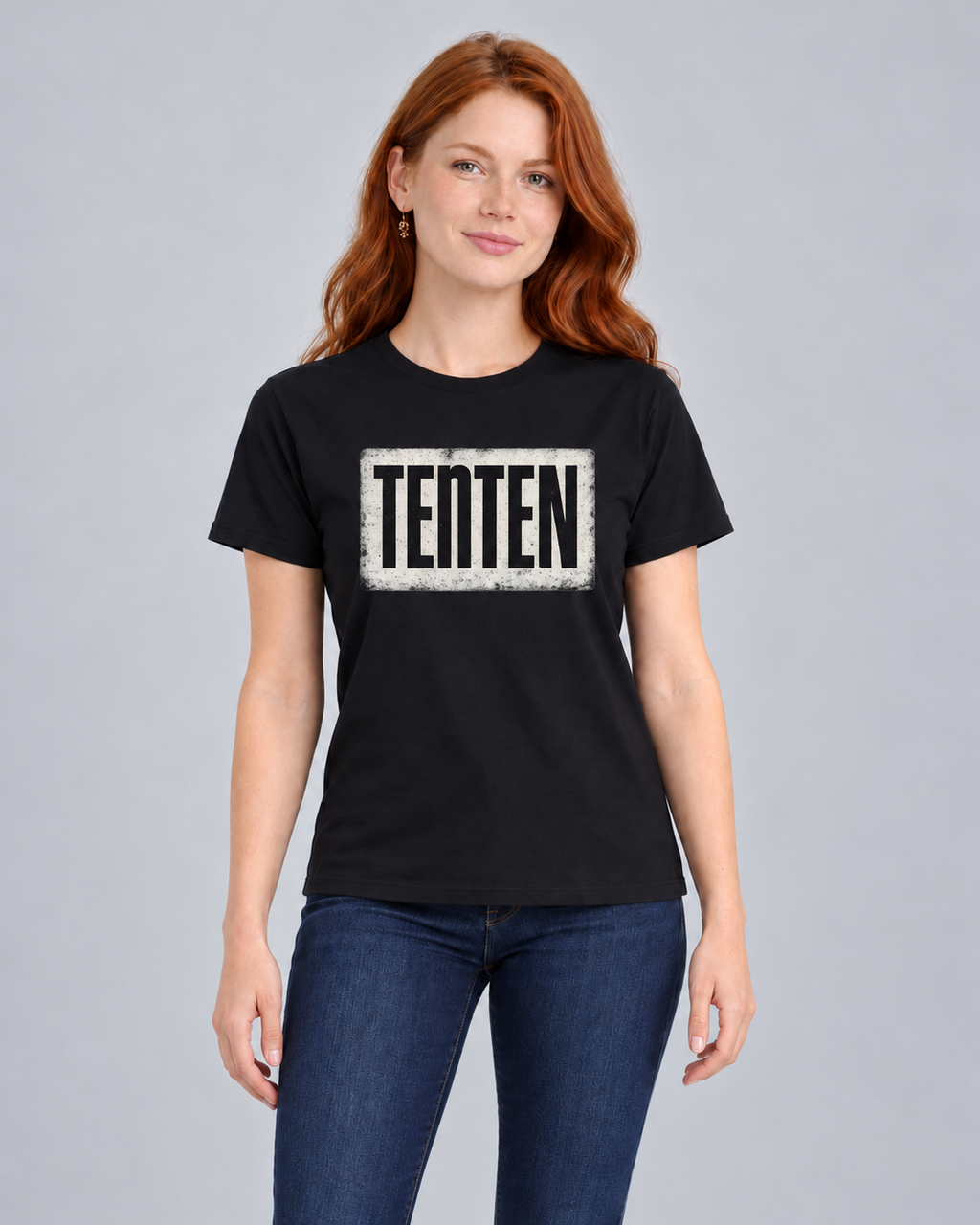 Tenten Dark Black Classic T-shirt on a female model, front view