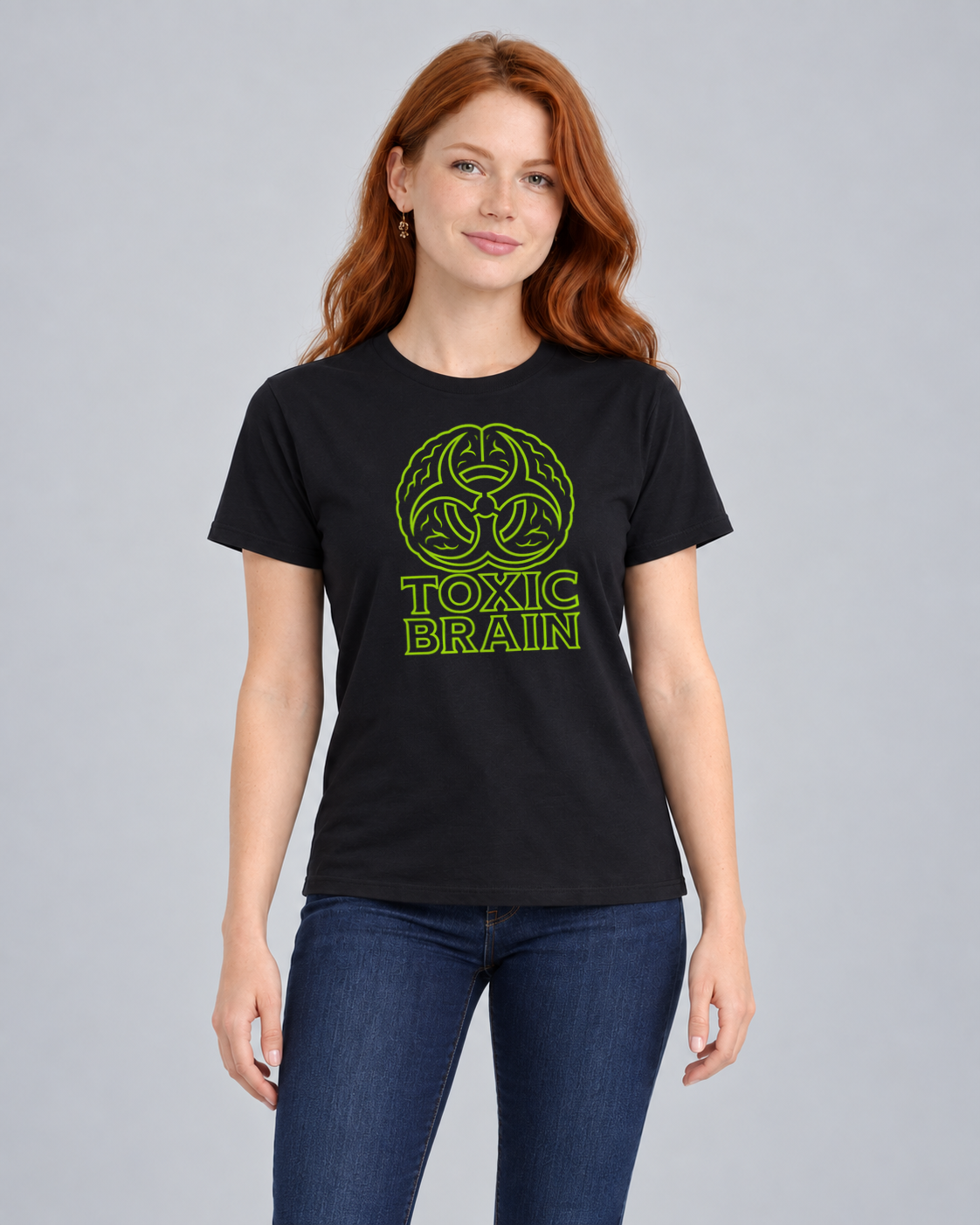 Toxic Brain Black Classic T-shirt on a female model, front view