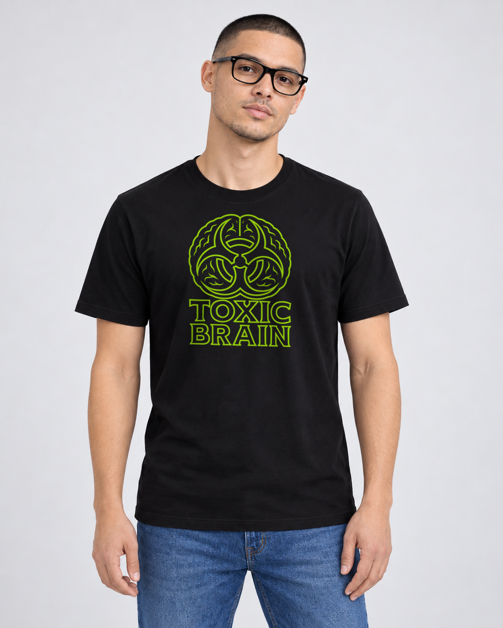 Toxic Brain Black Classic T-shirt on a male model, front view