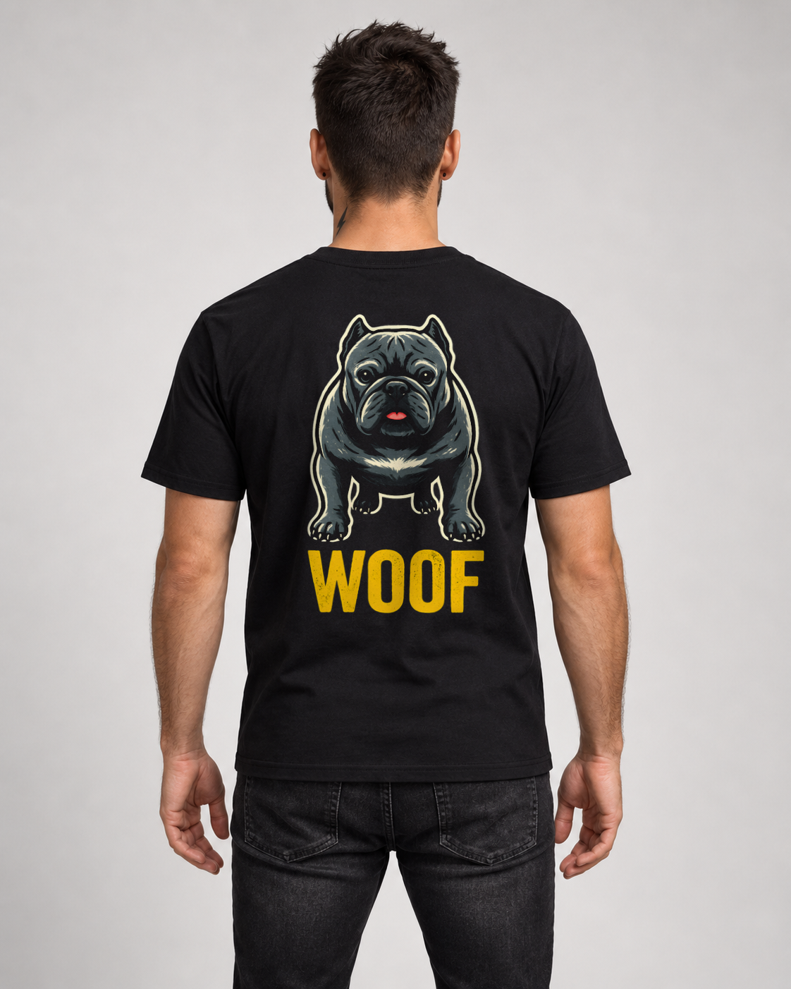 Woof Black Classic T-shirt on a male model, Rear view