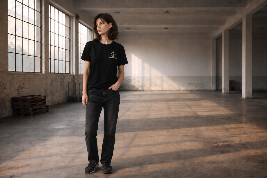 Signature Pocket Print Black Classic T-shirt on a female model, front view