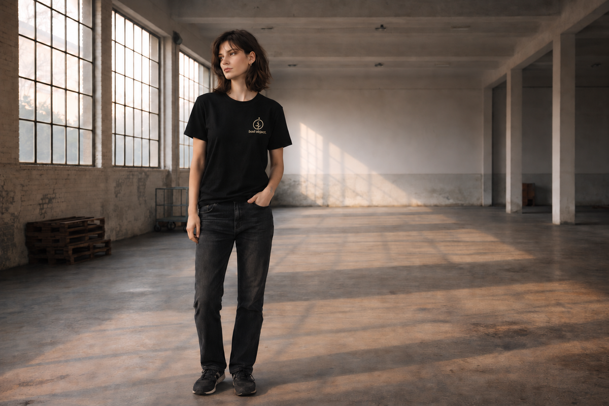 Signature Pocket Print Black Classic T-shirt on a female model, front view