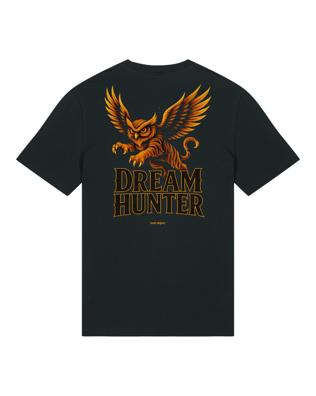 Dream Hunter Black Classic T-shirt, back view showing the winged tiger and small amber bad object. signature