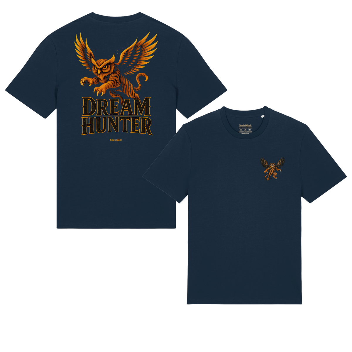 Dream Hunter French Navy Classic T-shirt, front and signed back views