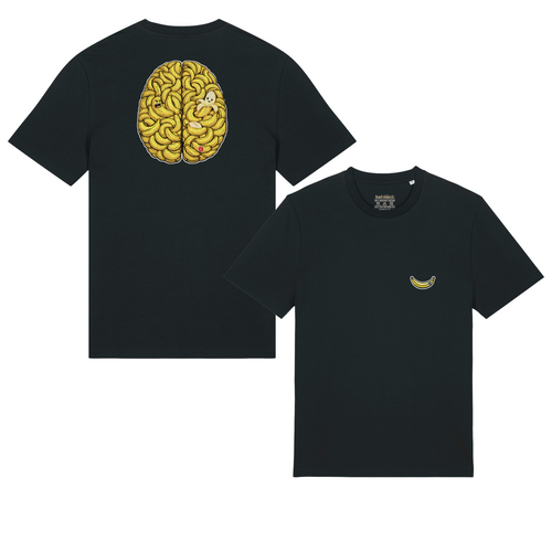 Banana Brain Black Classic T-shirt, front and back views showing both original print designs