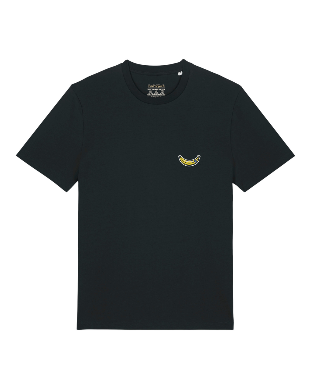 Banana Brain Black Classic T-shirt, full front view with the original chest print and printed inside-neck label