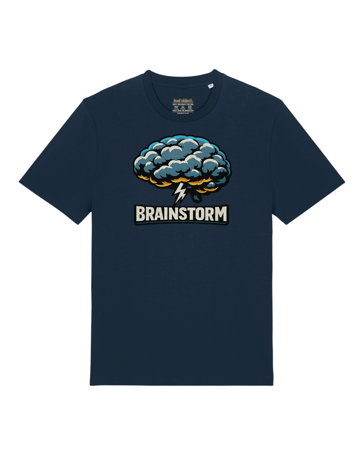 Brainstorm design on a French Navy organic cotton Classic T-shirt, full front view with printed inside-neck label