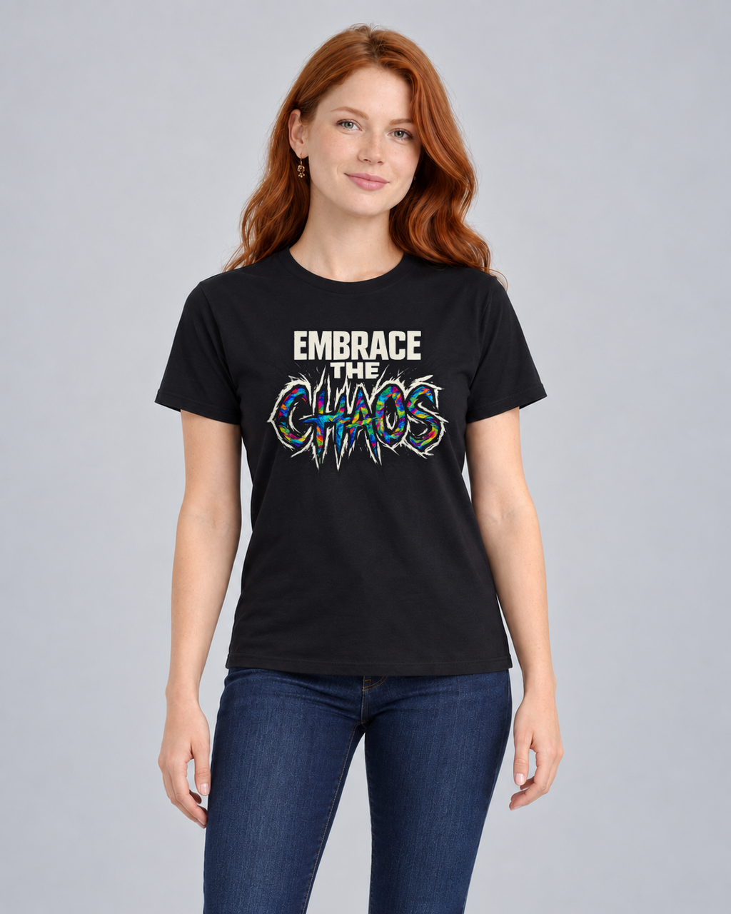 Embrace the Chaos T-shirt in Black, front view on FM1