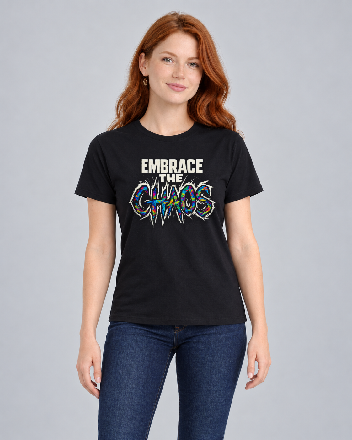 Embrace the Chaos T-shirt in Black, front view on FM1