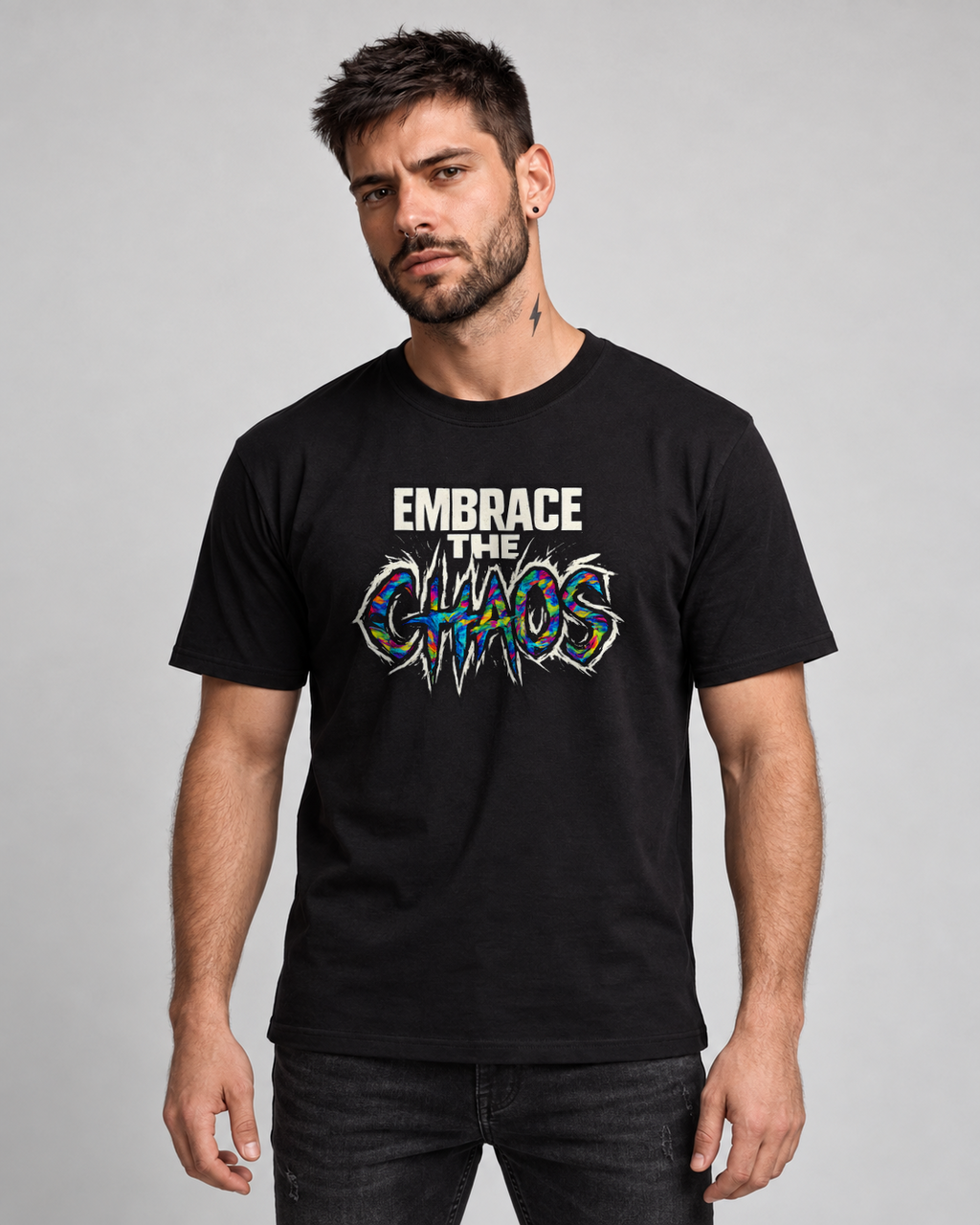 Embrace the Chaos T-shirt in Black, front view on MM2
