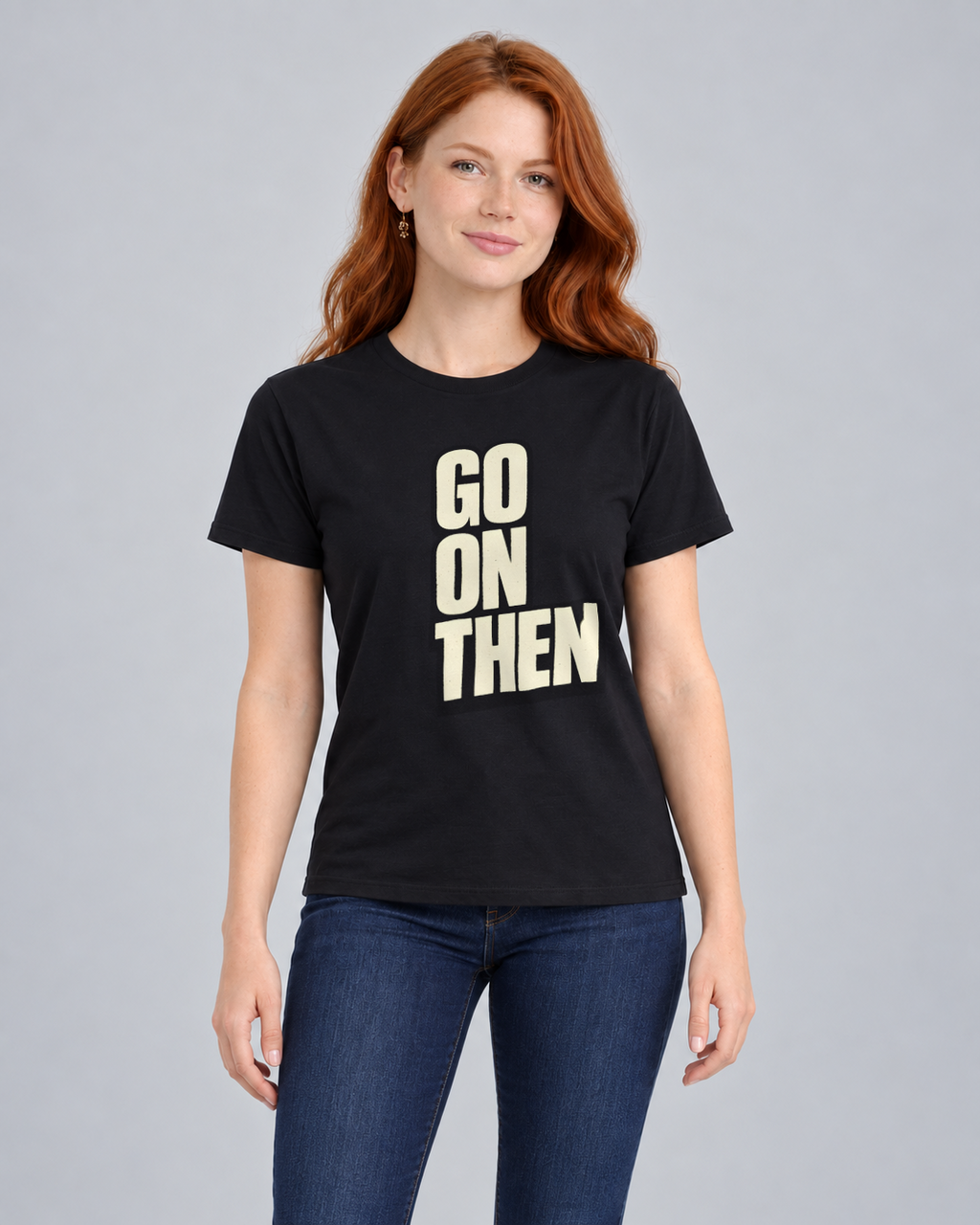 Go On Then T-shirt in Black, front view on FM1