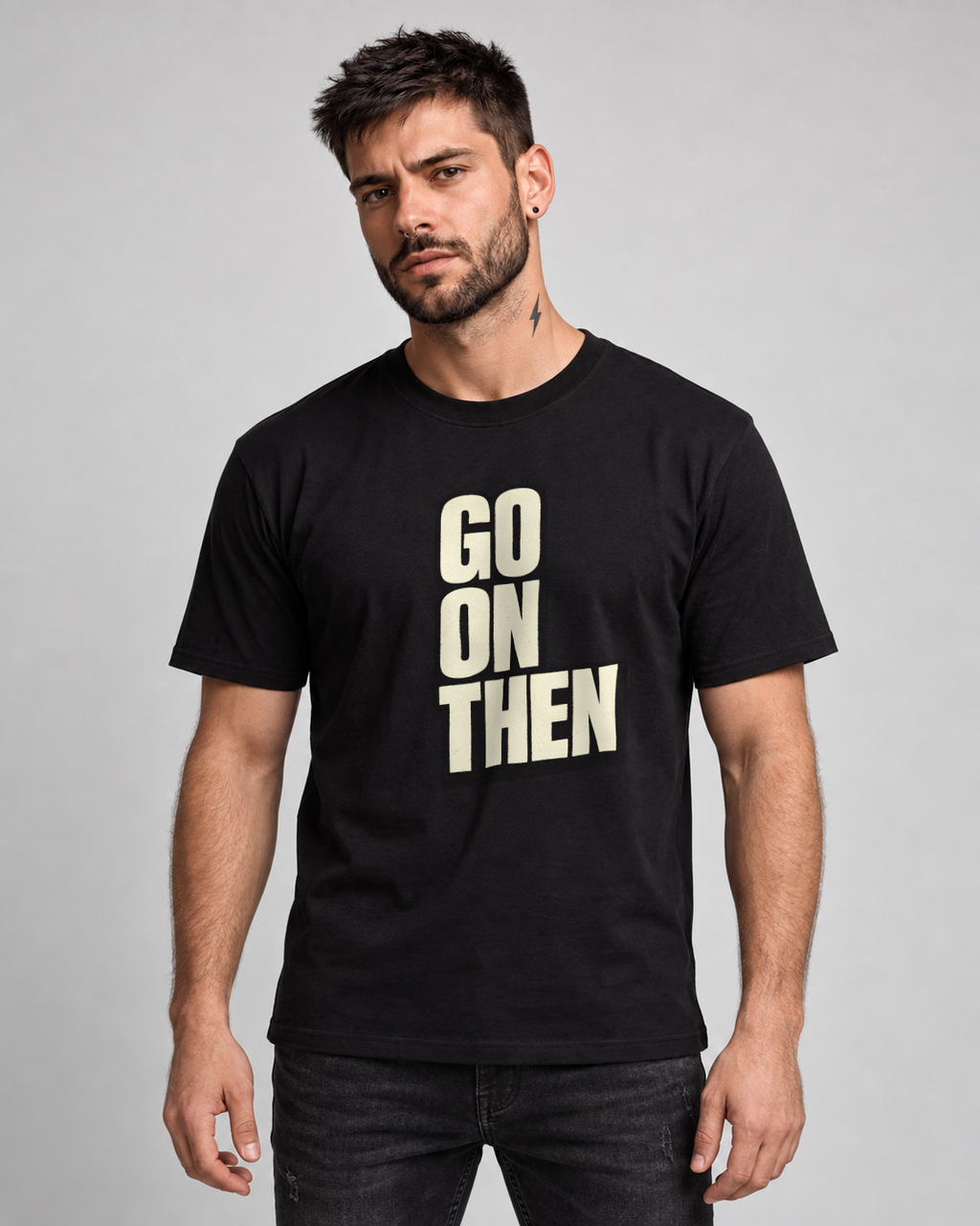 Go On Then T-shirt in Black, front view on MM2