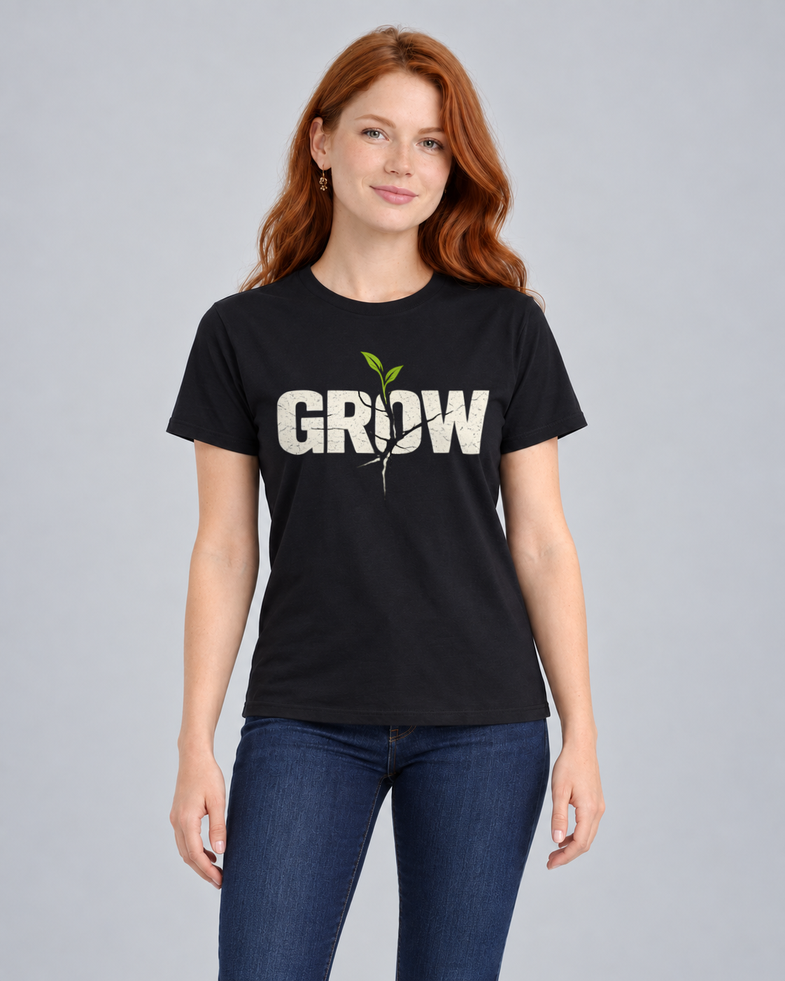 Grow T-shirt in Black, front view on FM1