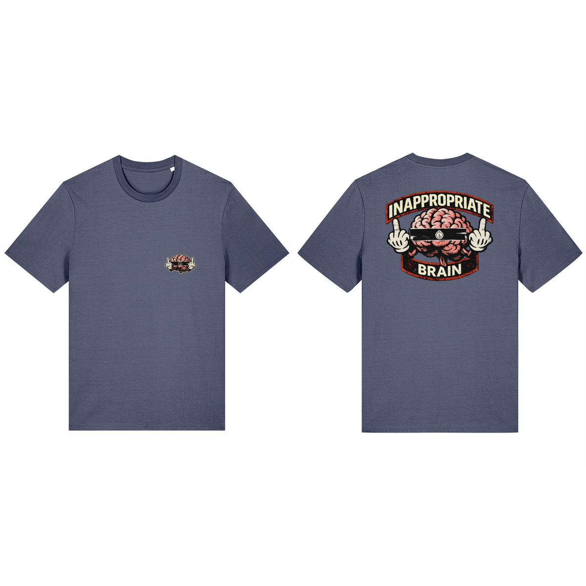 Inappropriate Brain Blue Grey Classic T-shirt, front and back views showing both original print designs