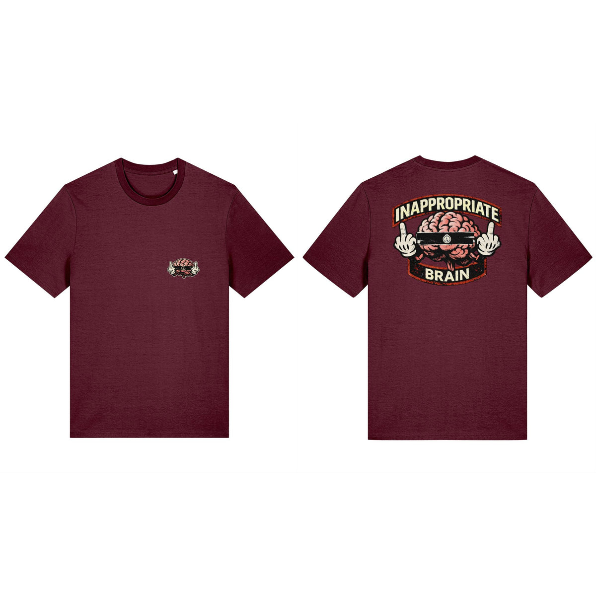 Inappropriate Brain Deep Plum Classic T-shirt, front and back views showing both original print designs