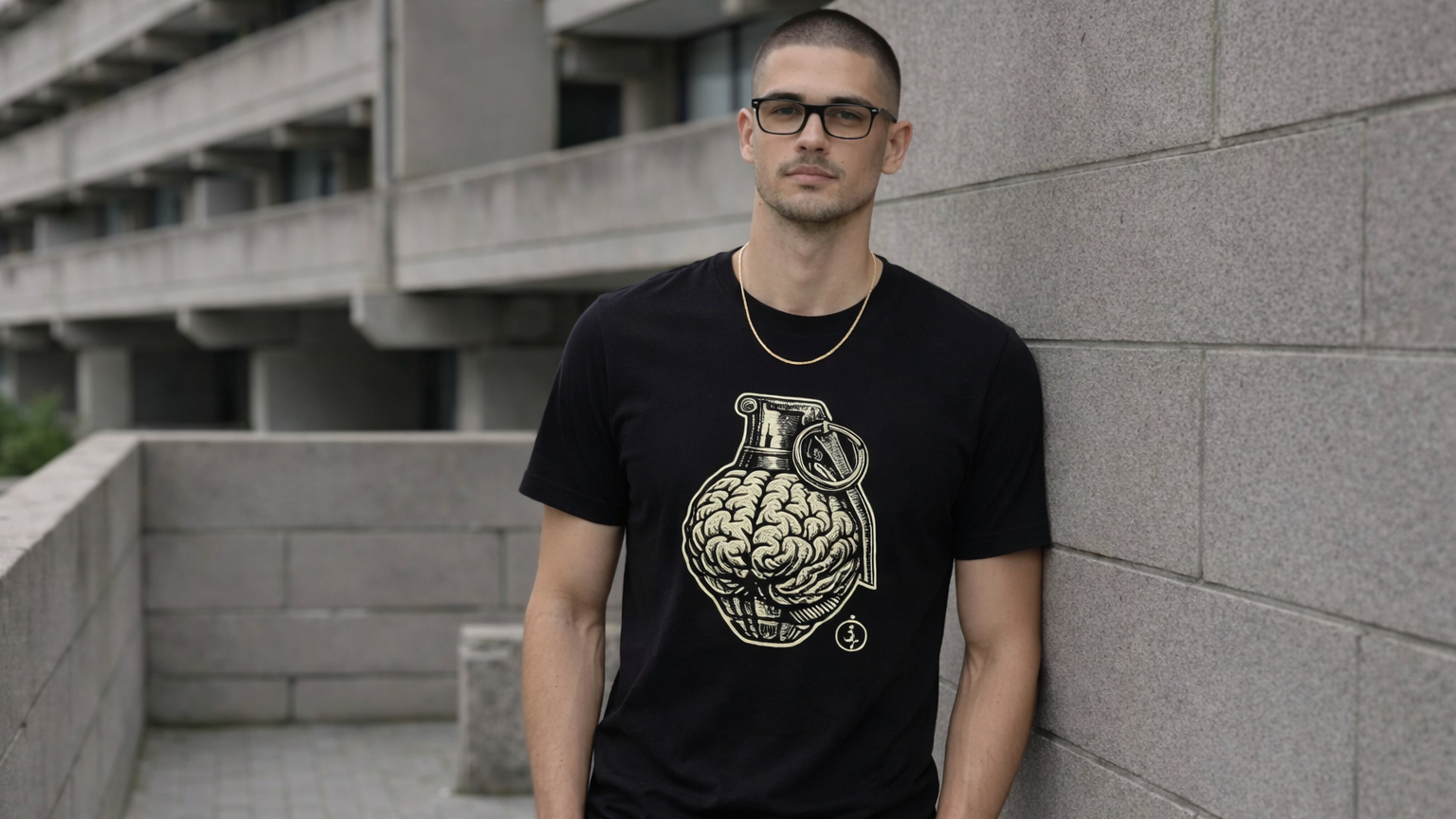 Man in glasses and with cropped hair wearing a black t-shirt with a graphic grade brain design tee and leaning against a concrete wall.